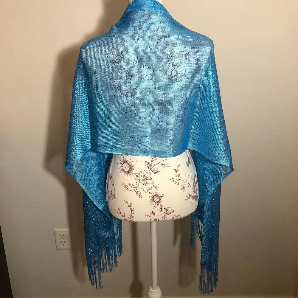 Kimberly C. Metallic Blue Fringe Scarf – Statement Evening Wrap